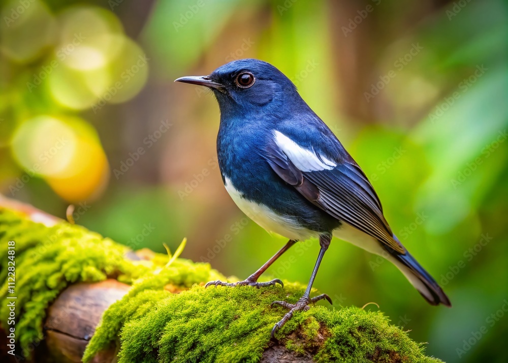 Fototapeta premium Captivating Whitetailed Robin Perched Gracefully on a Moss-Covered Tree Log in a Lush Forest Setting with Vibrant Greenery and Natural Light Enhancing the Scene