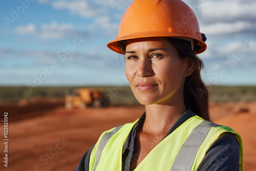 portrait of smiling female engineer in 40s on mine site wearing hard hat, high vis vest, and ppe in australian outback photo