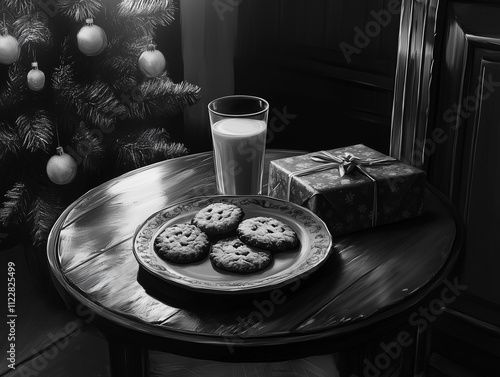  Black and white photorgraphy of a table with a plate of cookies and a glass of milk on the background of a Christmas tree with presents photo