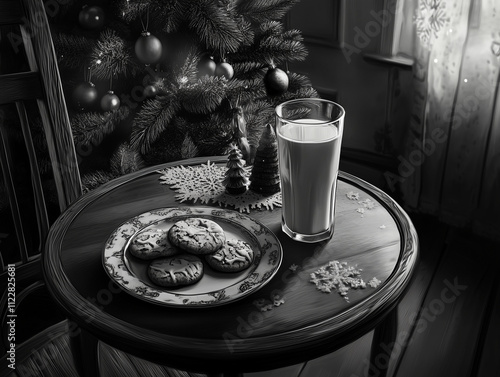  Black and white photorgraphy of a table with a plate of cookies and a glass of milk on the background of a Christmas tree with presents photo