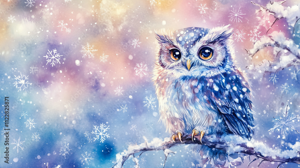 Obraz premium Watercolor Christmas Owl with Snowflakes in a Starry Winter Scene
