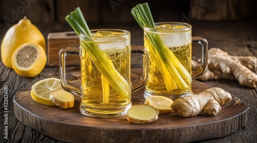 Refreshing Ginger and Lemon Drink in Glasses with Ice and Fresh Herbs. photo