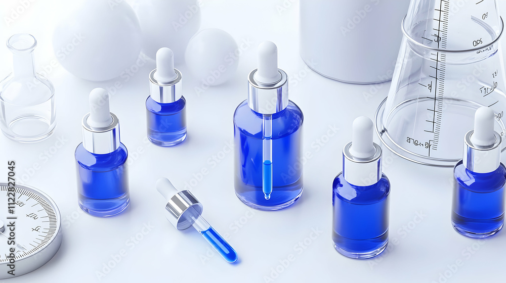 A row of blue bottles and beakers are lined up on a table A row of blue bottles and beakers are lined up on a table