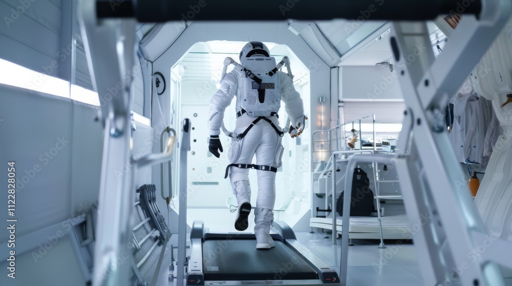 A futuristic astronaut exercises on a treadmill in a high-tech space station, capturing an intersection of science fiction and reality. A futuristic astronaut exercises on a treadmill in a high-tech space station, capturing an intersection of science fiction and reality.
