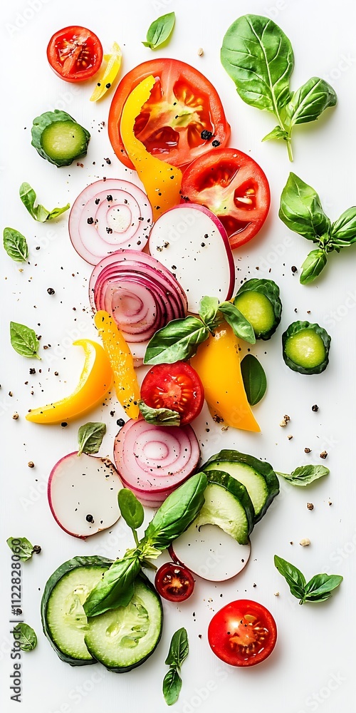 Artistic arrangement of fresh sliced vegetables with herbs on a white surface creating a vibrant culinary masterpiece : Generative AI Artistic arrangement of fresh sliced vegetables with herbs on a white surface creating a vibrant culinary masterpiece : Generative AI