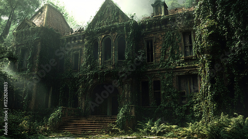 An abandoned mansion covered in ivy, where the air is thick with the scent of decay and the faint sound of footsteps echoes from empty halls.