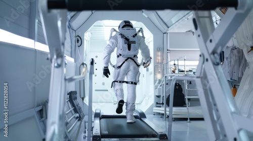 Fototapeta Naklejka Na Ścianę i Meble -  A futuristic astronaut exercises on a treadmill in a high-tech space station, capturing an intersection of science fiction and reality.