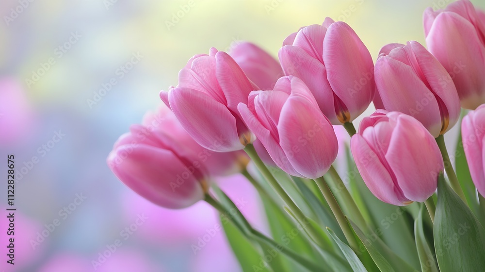 Fototapeta premium Vibrant Pink Tulip Flowers in Bloom Against a Soft Pastel Background : Generative AI