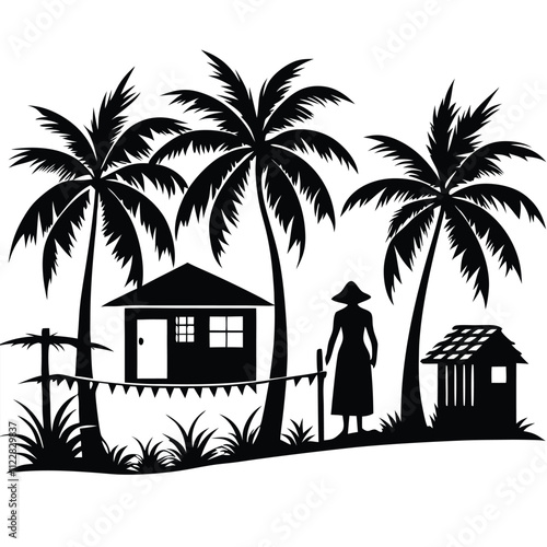 a vector silhouette of a tropical rural scene. with a old woman standing her side