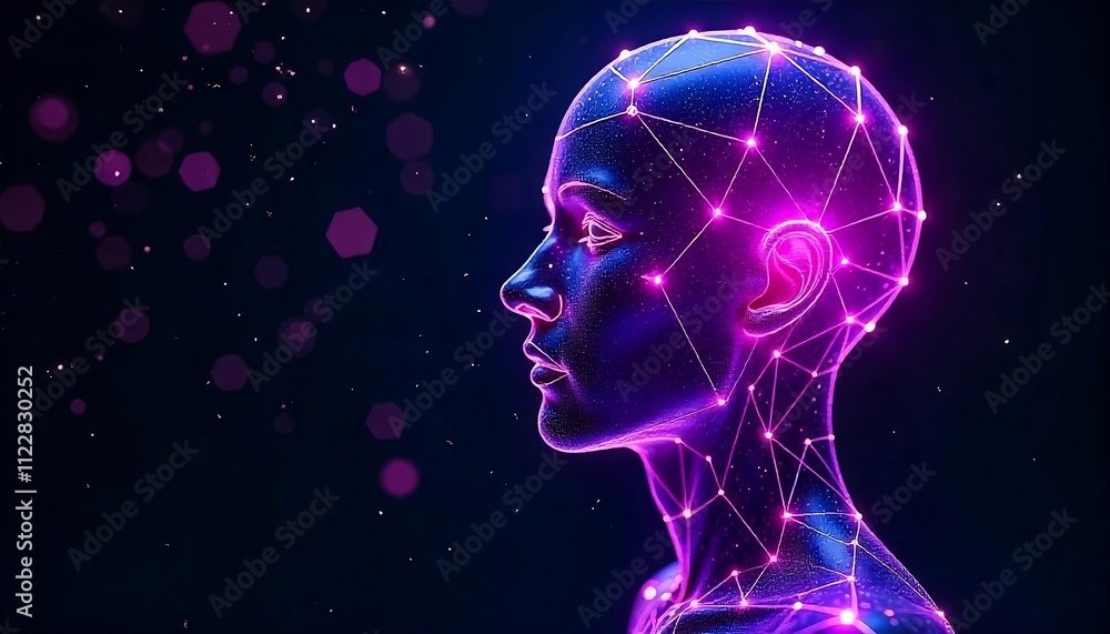 Obraz premium A glowing wireframe head with a futuristic, technological appearance against a dark background with sparkling lights, Artificial Intelligence Abstract Concepts, created with generative ai