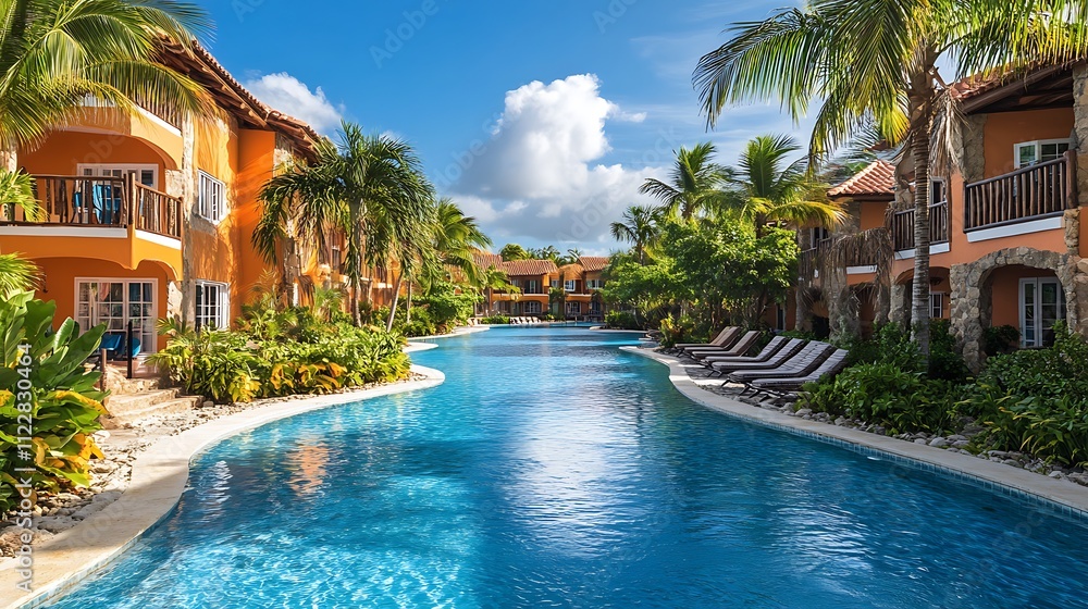Fototapeta premium Relaxing resort poolside retreat in tropical paradise daytime view
