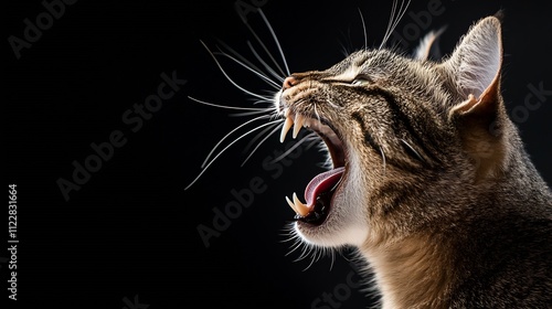 Side View of a Striped Cat Meowing with Whiskers Highlighted Against a Black Background : Generative AI photo