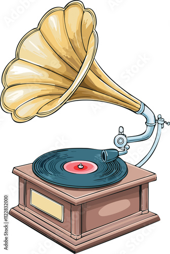 old vinyl record, Gramophone playing a record, line art