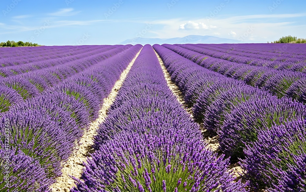 Naklejka premium Vibrant purple lavender fields stretch to the horizon under a clear blue sky.