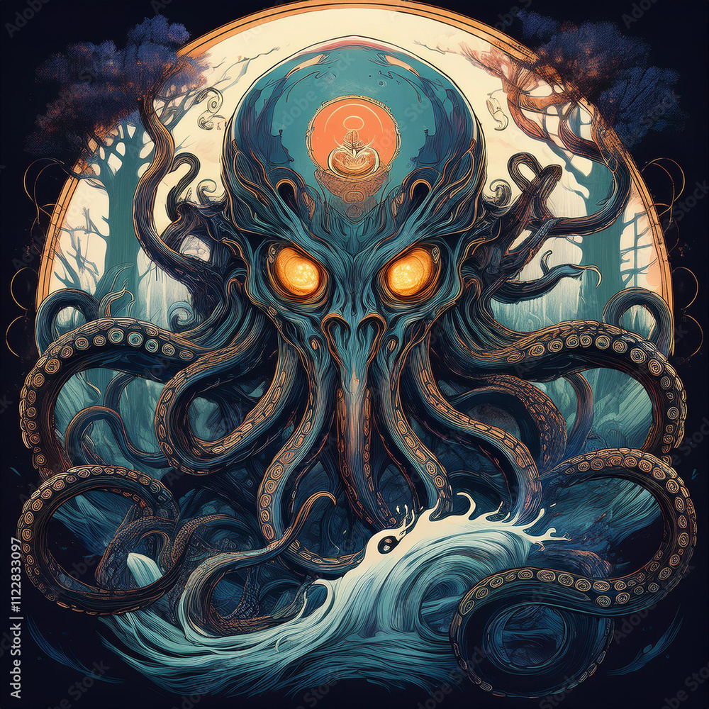 Fototapeta premium A haunting and captivating depiction of a mythical creature set against a swirling ocean and an eerie forest backdrop