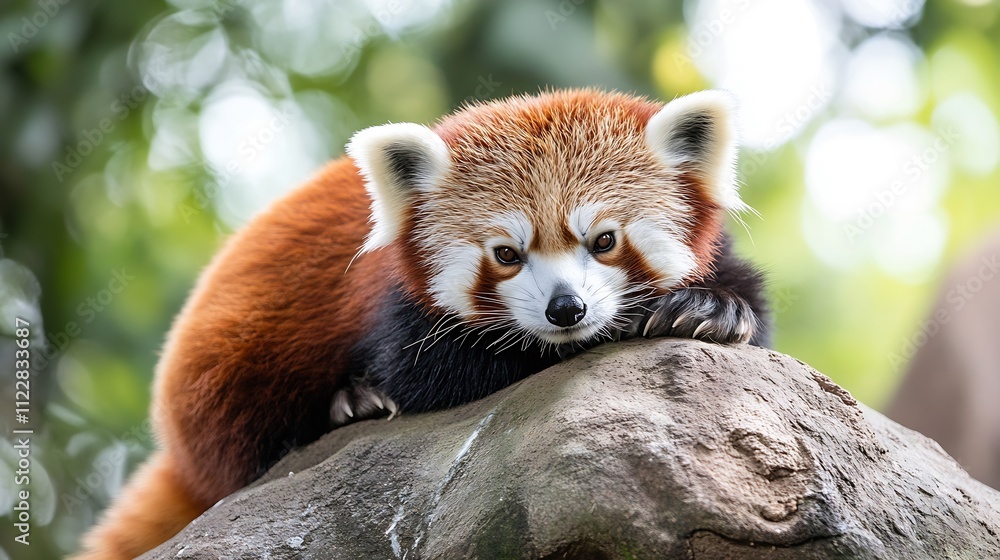 Obraz premium Adorable Red Panda Resting on Rock in Green Forest Habitat : Generative AI