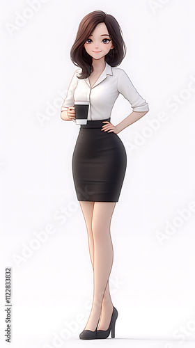 A digital illustration of a woman in business attire holding a coffee cup.