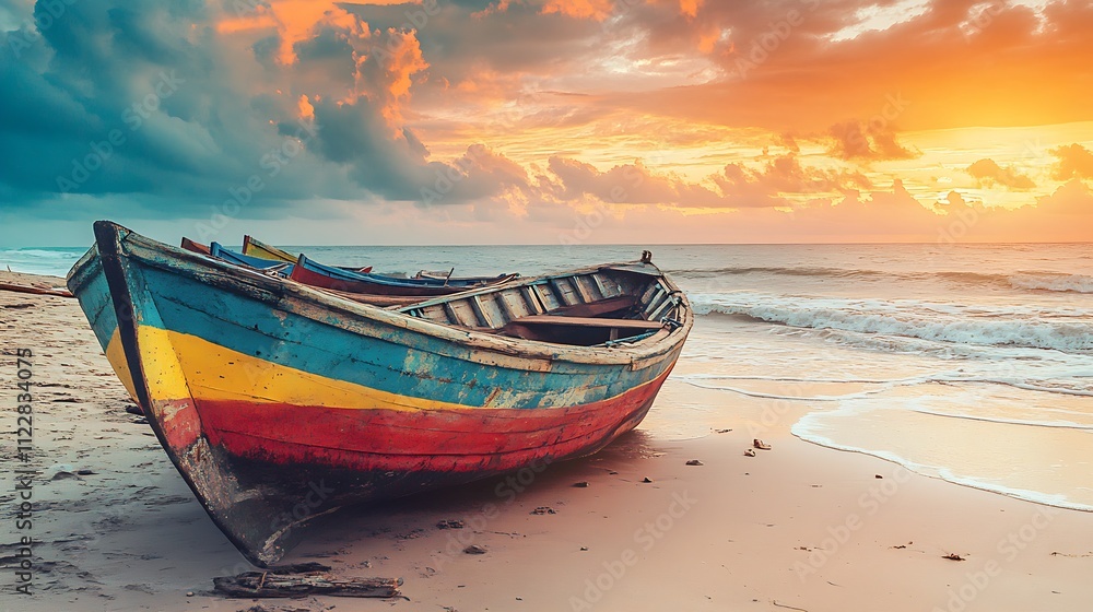 Fototapeta premium Vibrant wooden boat on a tropical sandy beach during a spectacular sunset : Generative AI