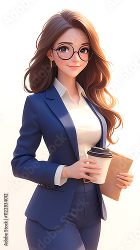 A professional woman in a suit holding a coffee cup and a folder, exuding confidence.