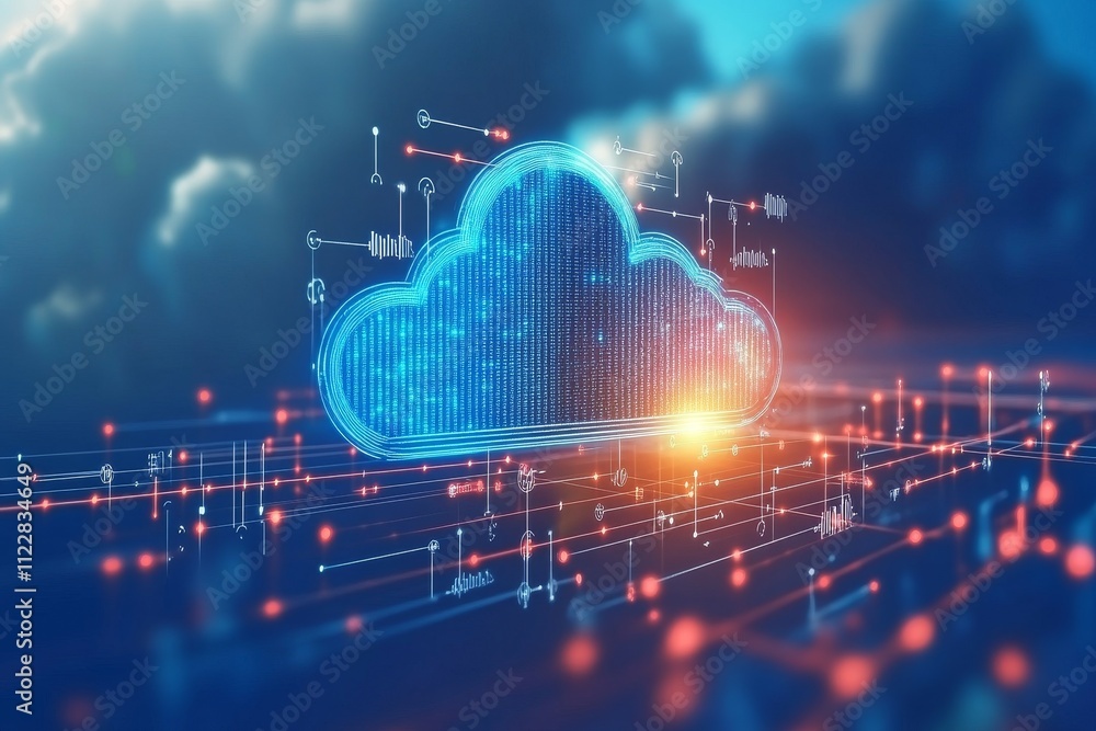 Fototapeta premium Futuristic Digital Cloud Computing Concept with Data Connections and Blue Background, Illustrating Modern Technology and Cloud Solutions in a Digital World