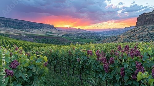 Sunset over Vineyard in Columbia River Gorge