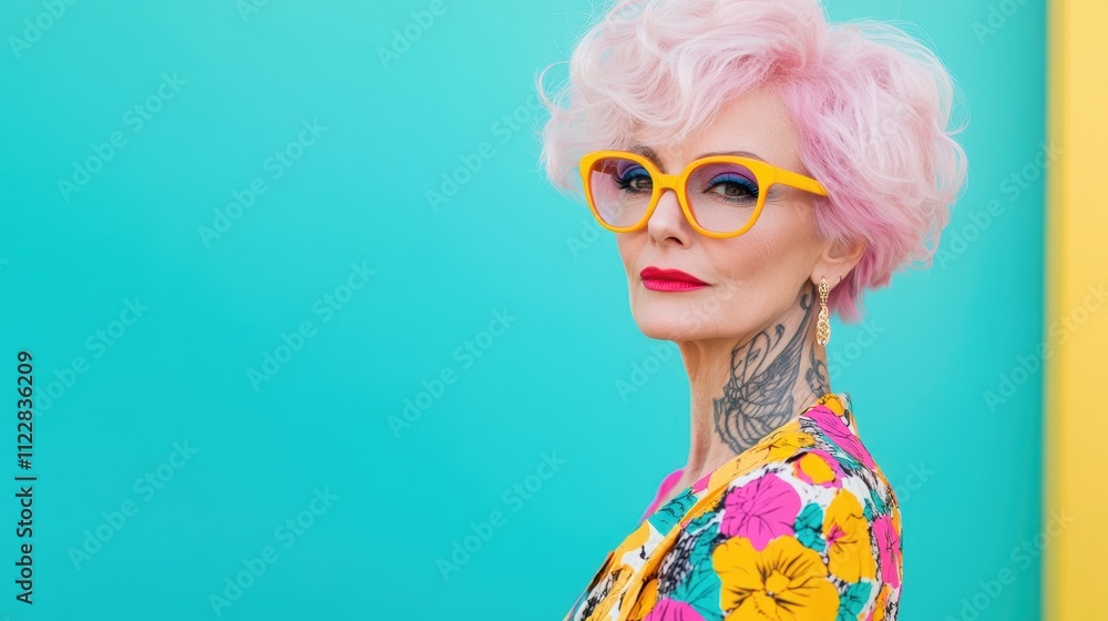A stylish older woman with pink hair, yellow glasses, and floral attire poses against a vibrant turquoise background. Concept: bold, creative. A stylish older woman with pink hair, yellow glasses, and floral attire poses against a vibrant turquoise background. Concept: bold, creative.