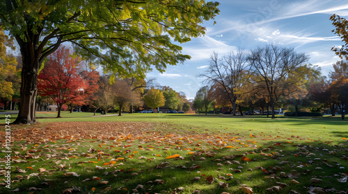 Autumnal park scene with colorful foliage, fallen leaves, and a vibrant green lawn under a partly cloudy sky. photo