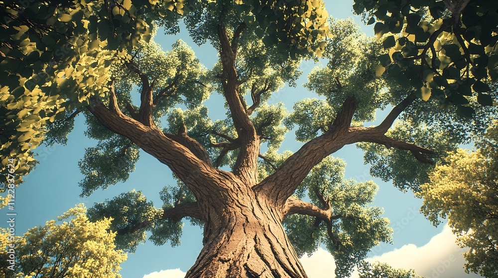 Fototapeta premium Majestic Oak Tree Reaching Toward the Sky Surrounded by Sunlit Leaves in Forest Canvas Art Print : Generative AI