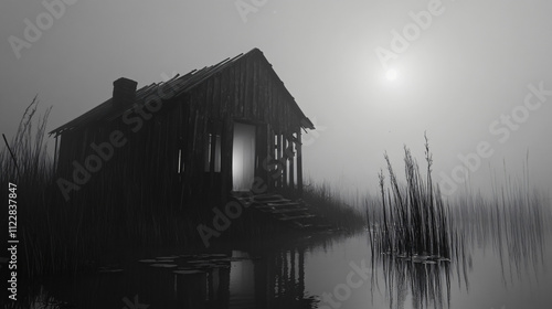 An abandoned shanty half-sunken in a misty marsh, its wooden beams creaking as faint lights flash inside. photo