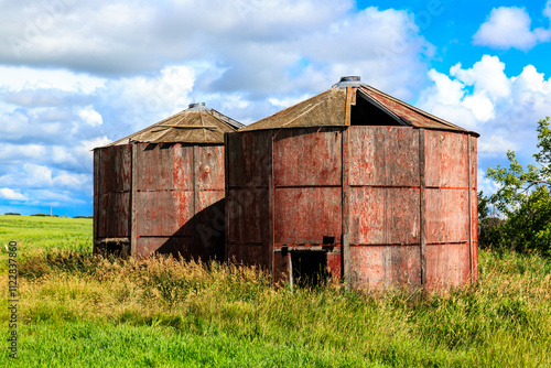 Tablou pe pânză Two old red barns sit in a field