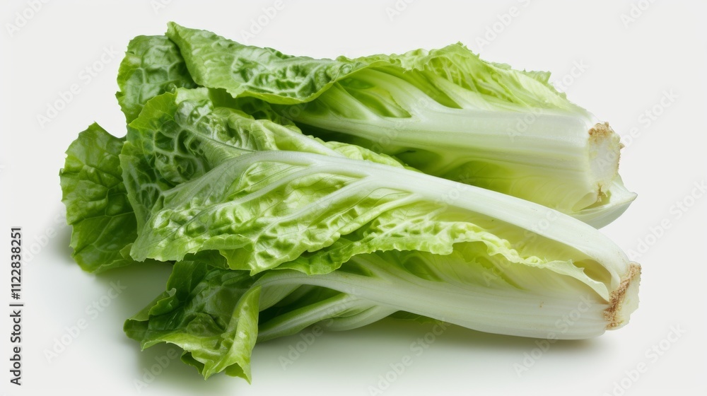 Fresh green lettuce leaves lie neatly on a plain white surface, showcasing their crisp texture and vibrant hue in a simple presentation. Fresh green lettuce leaves lie neatly on a plain white surface, showcasing their crisp texture and vibrant hue in a simple presentation.