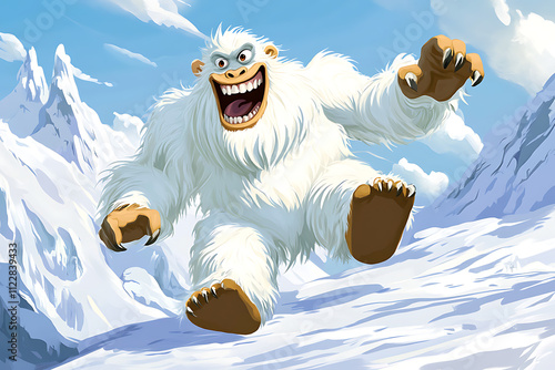 A playful yeti character runs joyfully through a snowy mountain landscape.