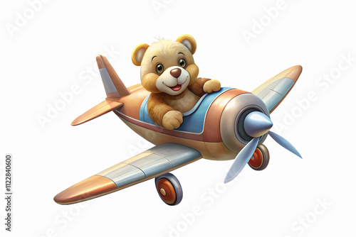 A kindly teddy bear flying in the sky on an airplane. Print for children's clothing isolated on transparent white background Generative Ai photo