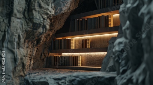 Remote cave library with glowing shelves full of books illuminates rugged rock walls, creating a cozy yet mysterious literary nook. photo