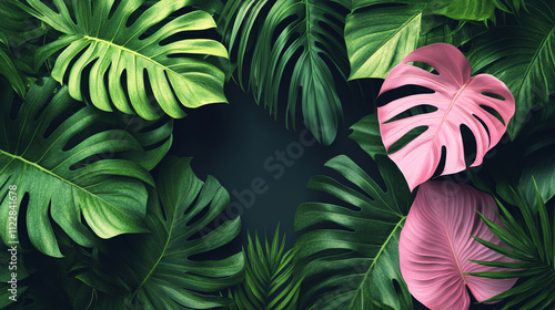 Tropical leaves foliage background in vibrant colors showcasing nature's beauty and abundance creating a fresh and serene atmosphere with lush greenery and organic textures inviting a sense of tranqui photo