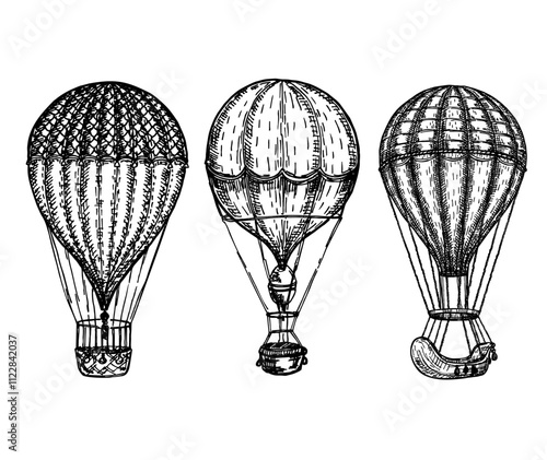 Illustration of aerostat in vintage engraved style. Hot air balloons set. Ink sketch of aerostat isolated on white background