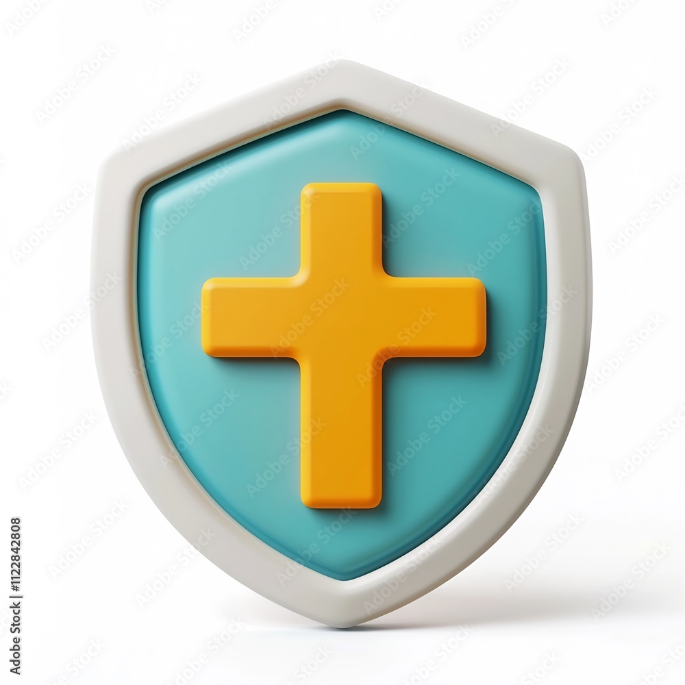 Fototapeta premium 3D Cartoon-Style Medical Cross Shield Icon on Minimal Isolated White Background