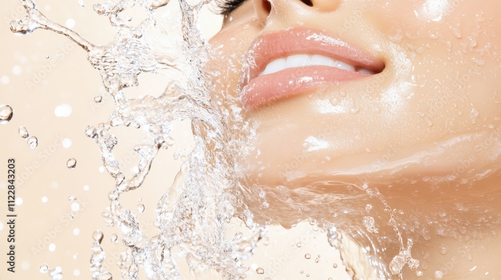 Fototapeta premium Close-up of a woman's fresh, glowing skin as water splashes across her face, representing hydration and beauty care.