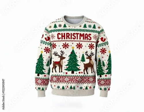 Ugly Christmas sweater, festive knit pattern, reindeer motif, pine trees, snowflakes, red and green design, winter holiday theme, vintage style, cozy jumper, Nordic inspired, white background, Christm