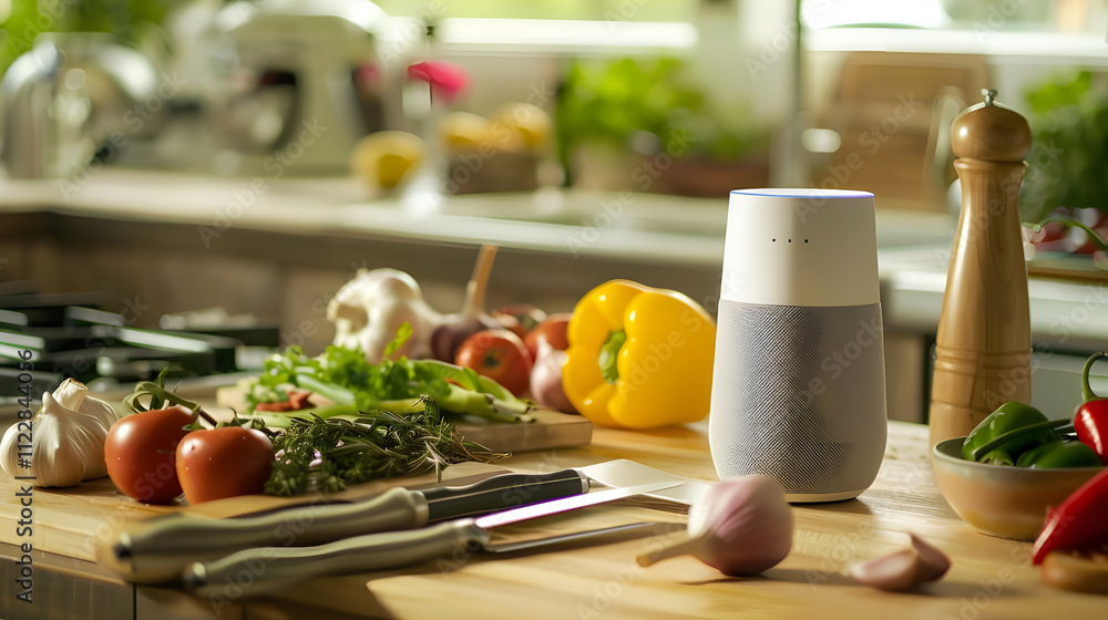 Smart speaker on kitchen counter with fresh produce. Smart speaker on kitchen counter with fresh produce.
