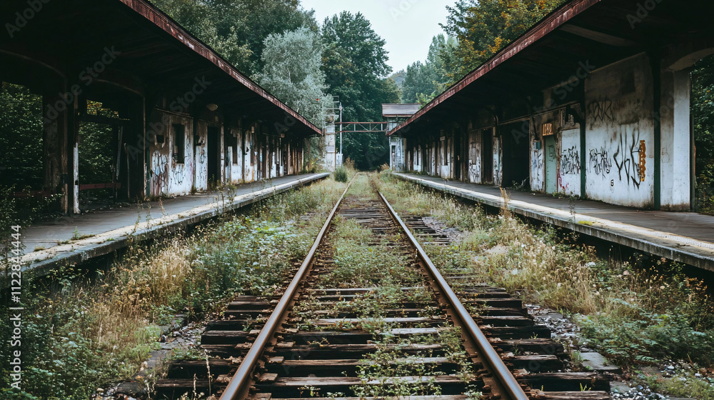 Obraz premium An abandoned train station with crumbling platforms and rusted tracks, overgrown with weeds.