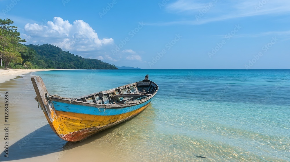 Tropical Beach with Old Fishing Boat and Blue Ocean Under Sunny Sky : Generative AI Tropical Beach with Old Fishing Boat and Blue Ocean Under Sunny Sky : Generative AI