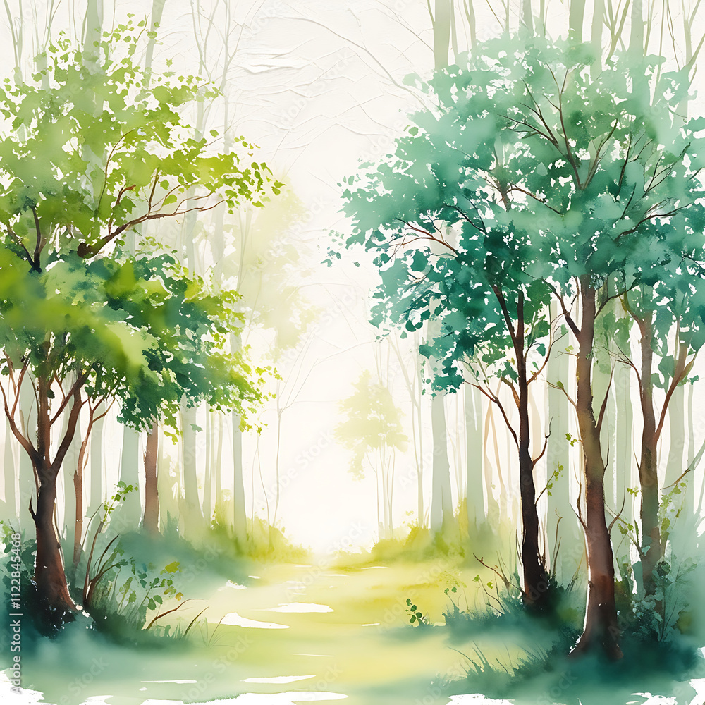 Obraz premium trees in the forest background, A serene forest landscape rendered in delicate