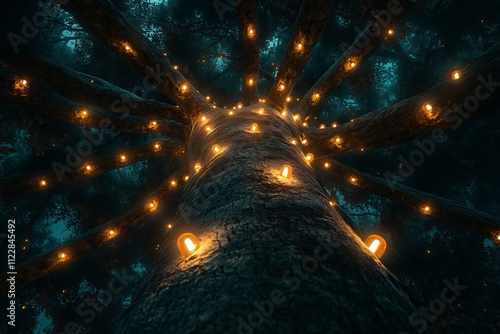 Abstract Tree of Sparkling Stars Exploding in a Festive Galaxy of Light photo