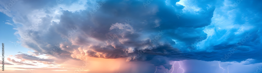 Obraz premium Dramatic sunset sky with storm clouds and lightning.