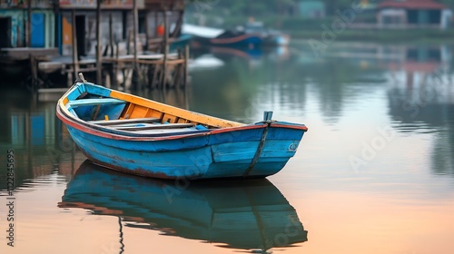 Wallpaper Mural Colorful wooden boat reflected on calm water in peaceful lakeside setting : Generative AI Torontodigital.ca