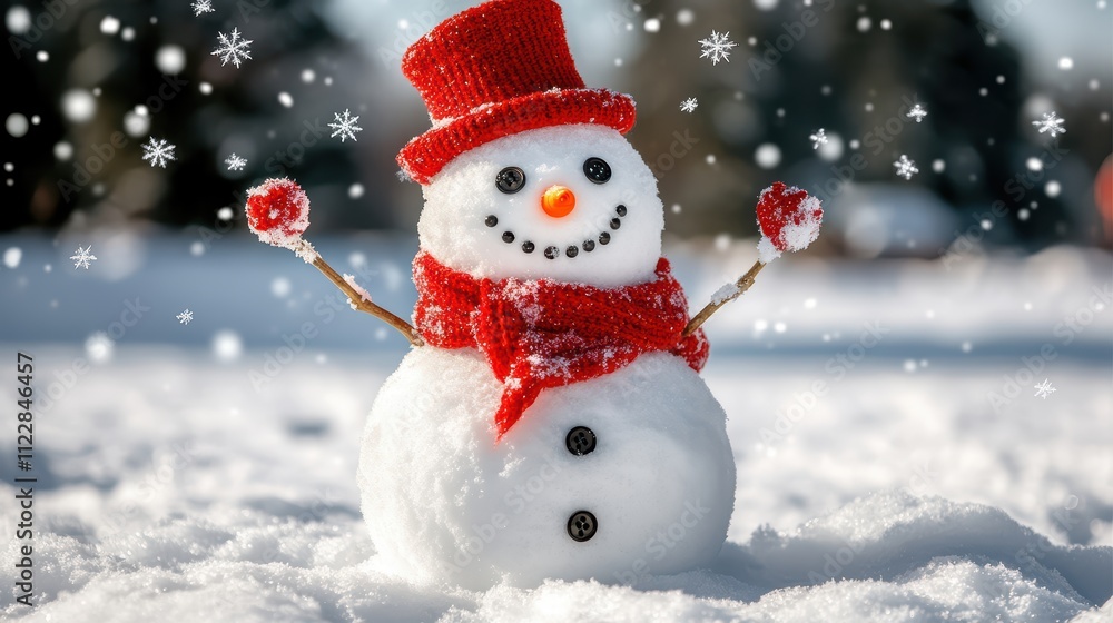 Cheerful Snowman with Red Hat and Scarf in Winter Wonderland Scene Cheerful Snowman with Red Hat and Scarf in Winter Wonderland Scene