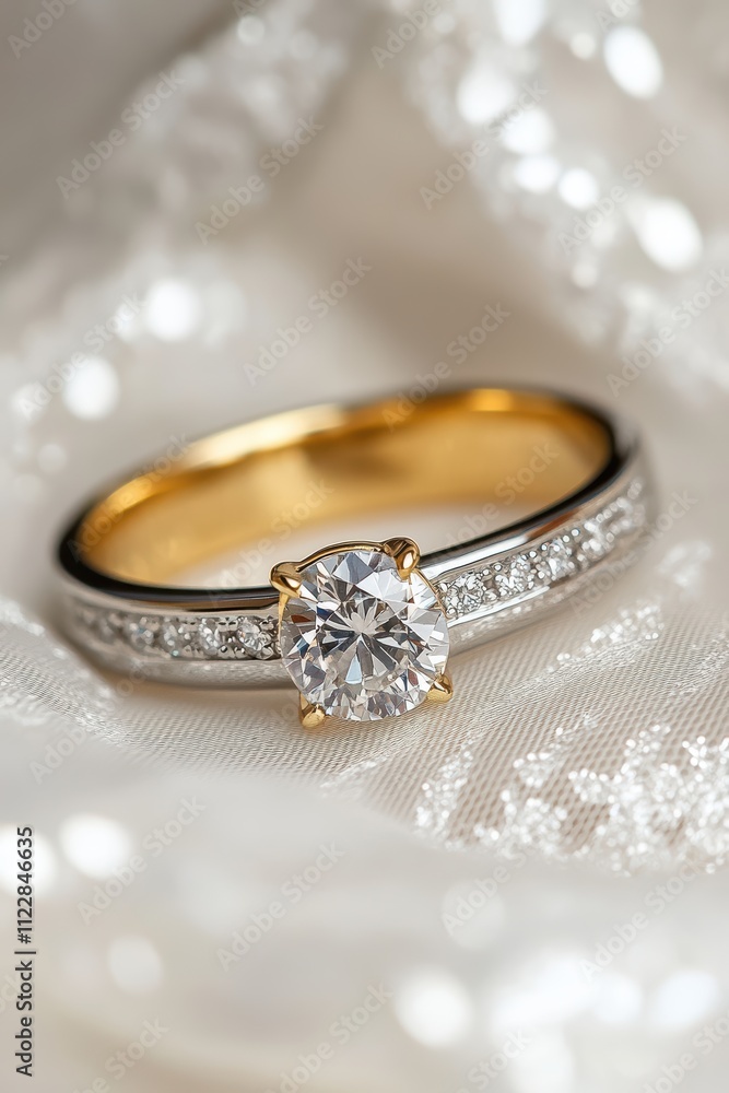 Elegant Solitaire Diamond Ring on Soft Fabric Background Elegant Solitaire Diamond Ring on Soft Fabric Background
