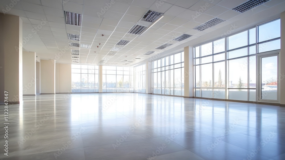 Bright, empty office space with large windows and polished floors. Bright, empty office space with large windows and polished floors.