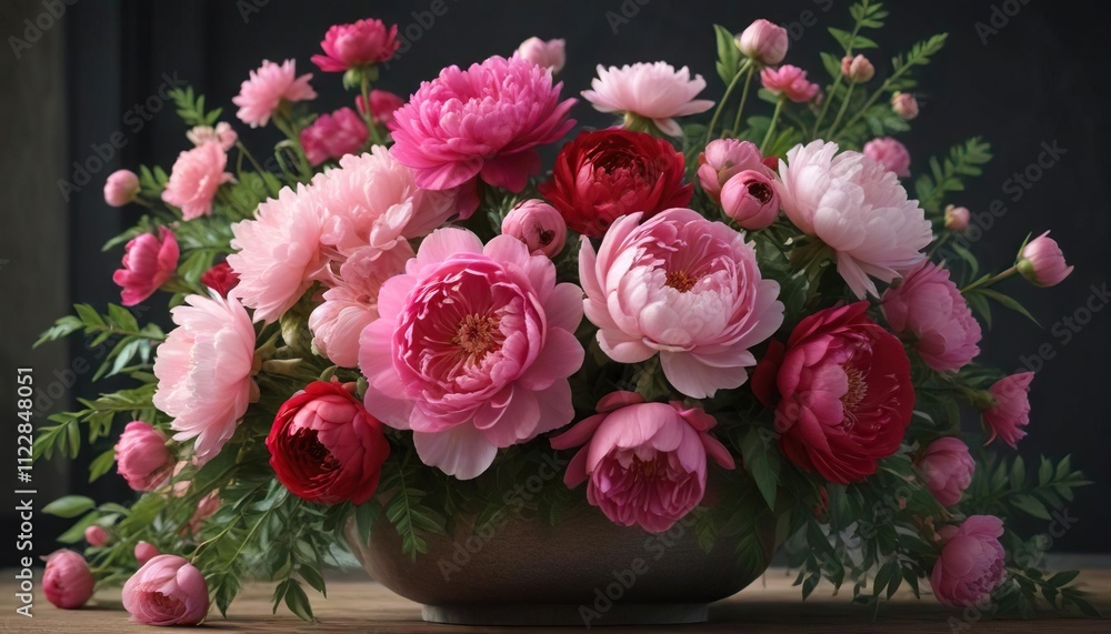 Fototapeta premium Red and pink peonies in a lush floral arrangement , arrangements, romantic